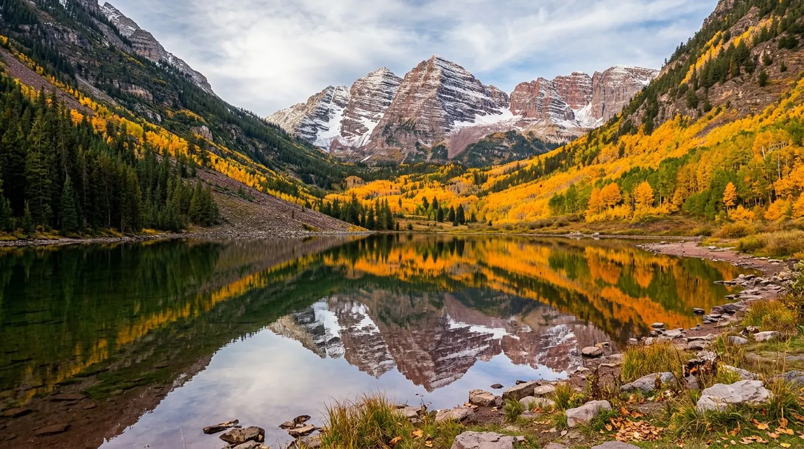 Maroon Bells reflected in Maroon Lake with golden fall aspens near Aspen