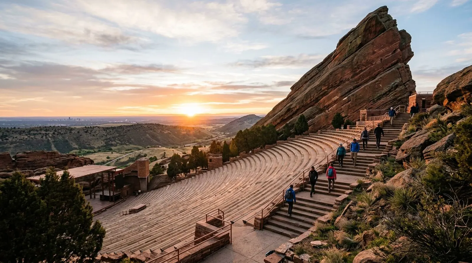 Red sandstone monoliths of Red Rocks Amphitheatre near Denver at sunrise