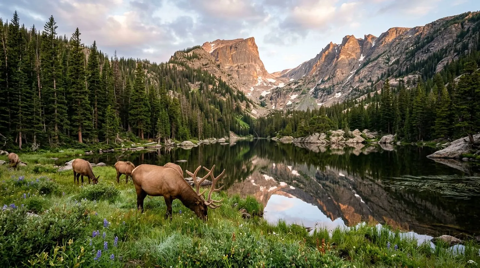Elk grazing beside a mountain lake below rocky peaks