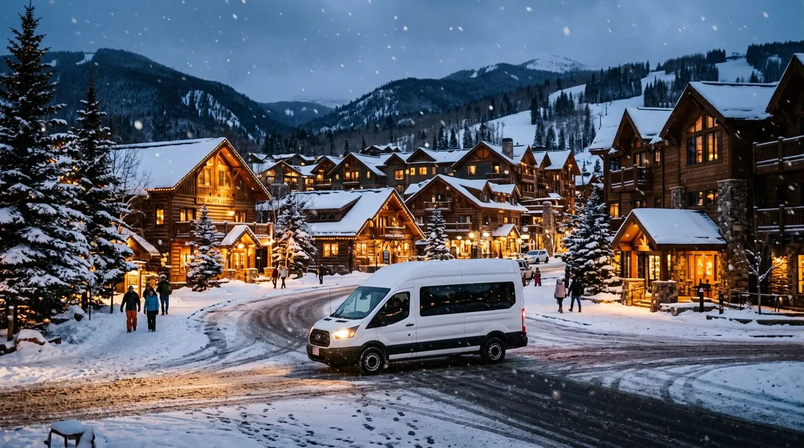 Shuttle van driving through a snowy Colorado ski town at dusk