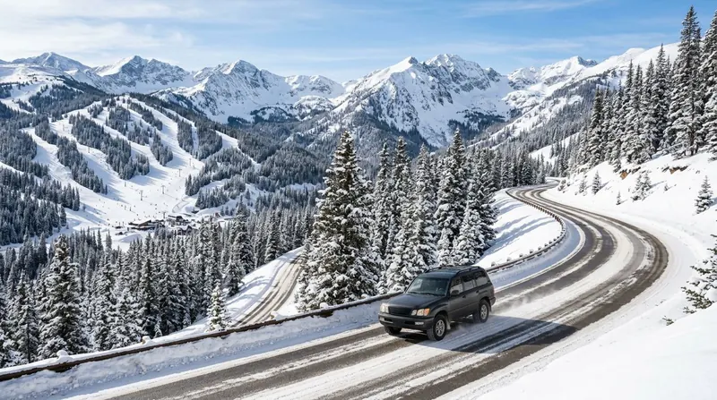 SUV driving a snowy Colorado mountain pass beside ski slopes and snow-covered pines